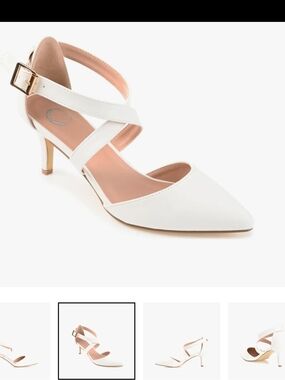 Journee Collection White Pointed Cross-Strap Heels with Gold Buckle